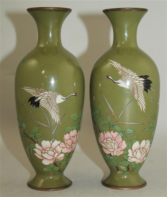 A pair of Japanese silver and copper wire sage green ground vases, c.1910, 18.5cm